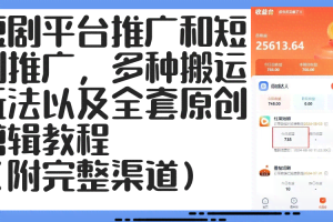 （12406期）短剧平台推广和短剧推广，多种搬运玩法以及全套原创剪辑教程（附完整渠…